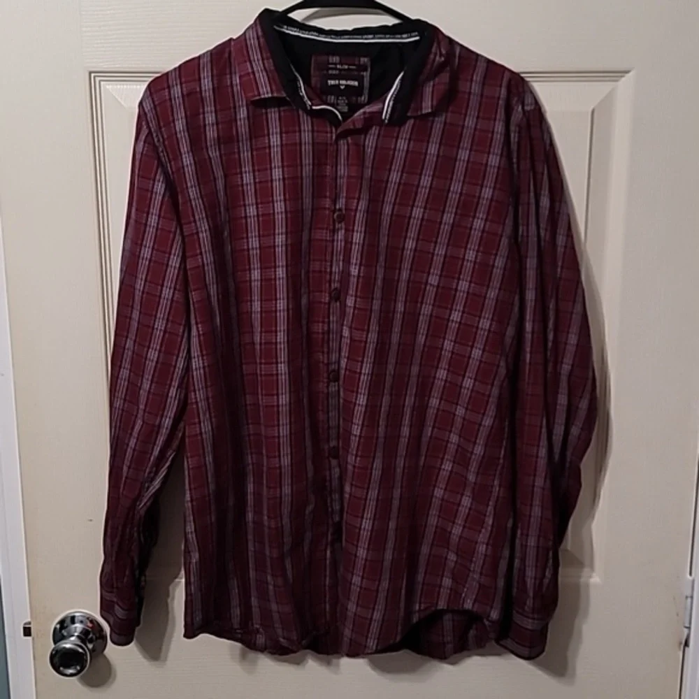 TRUE RELIGION‎ Maroon/White/Black Plaid LS Button-Down Slim Fit Shirt Men's XL